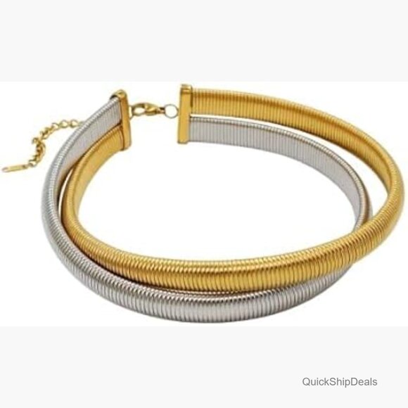 Jewelry - 14K Gold Plated Herringbone Chain Choker Necklace, Adjustable Layered